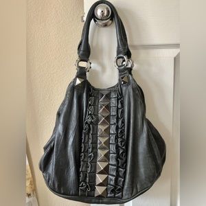 Betsy Johnson Rare Black Leather Shoulder Bag Purse Pyramid Stud Ruffle Purse